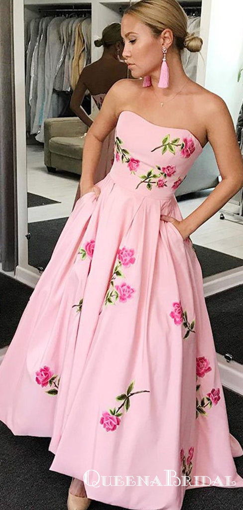 A-Line Sweetheart Pink Long Cheap Prom Dresses with Embroidery&Pockets, QB0502