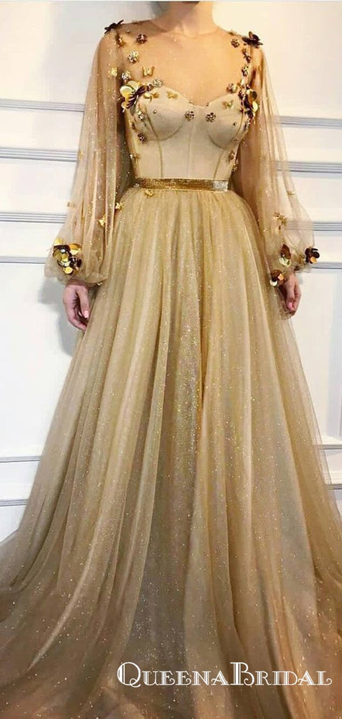 2019 Chic Scoop Long Sleeve Gold Long Cheap Prom Dresses With Applique, QB0606