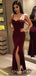 Burgundy Spaghetti Strap Side Slit Mermaid Evening Dresses Prom Dresses, QB0717