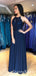 A-Line Jewel Open Back Blue Long Cheap Prom Dresses with Lace, QB0793