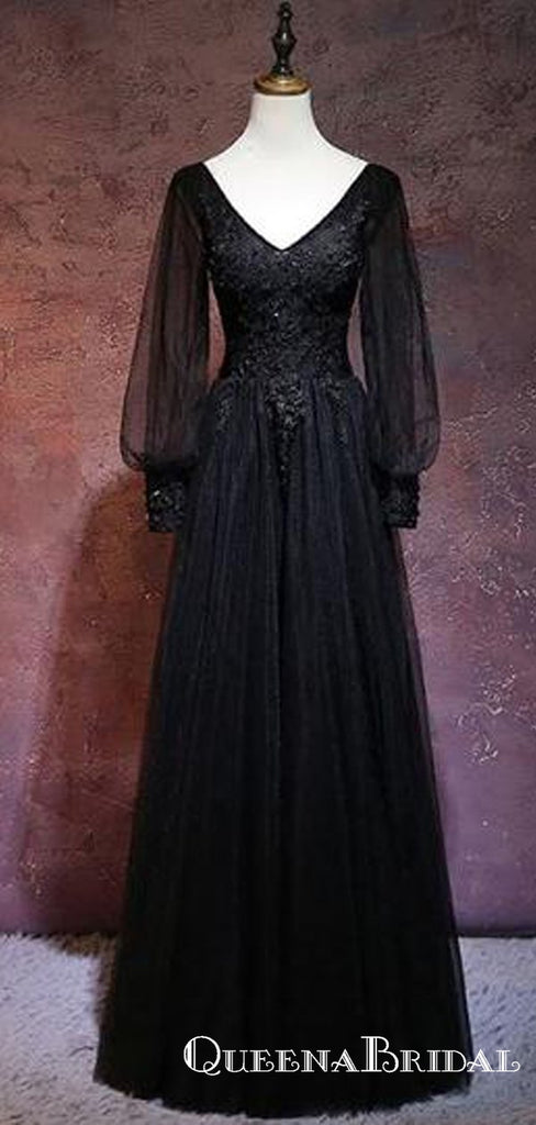 Black Lace Appliques A Line Long Sleeve V-neck Long Cheap Prom Dresses, QB0754