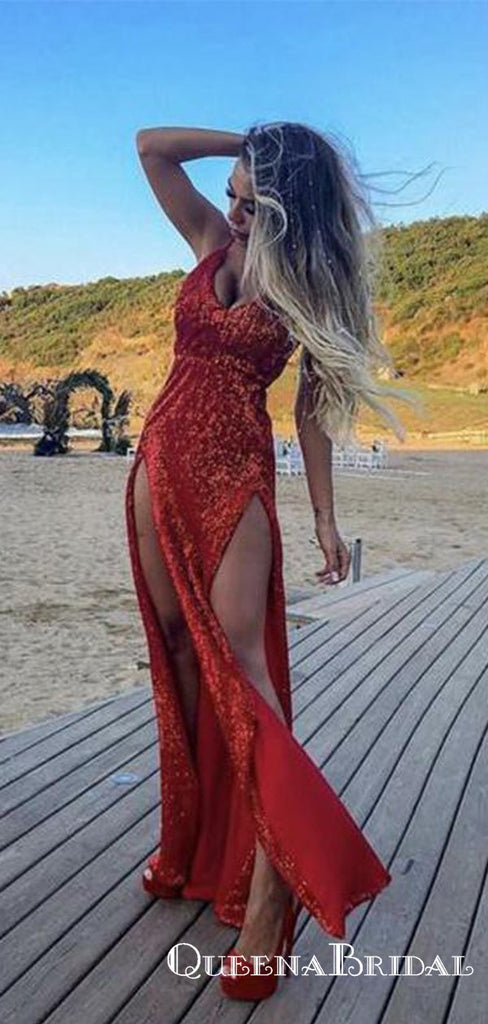 Sexy Mermaid Red V Neck  Long Cheap Prom Dresses With Side slit, QB0631