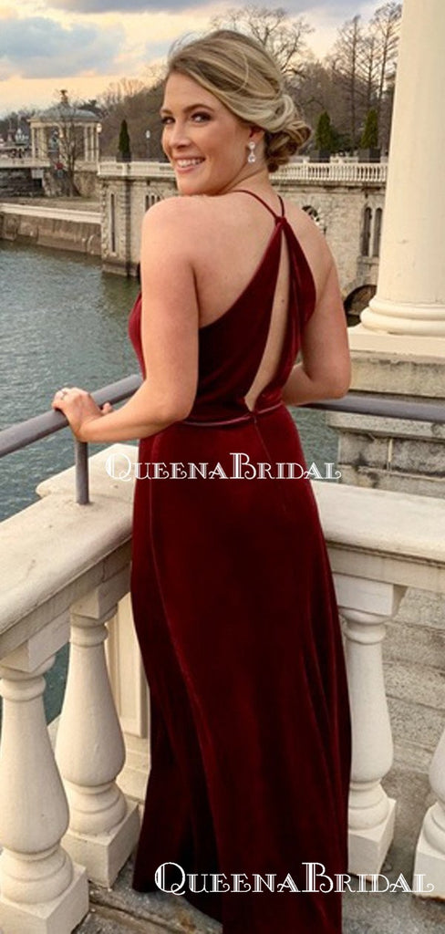 Elegant Halter-Strap Burgundy Velvet A-line Long Cheap Bridesmaid Dresses, BDS0084