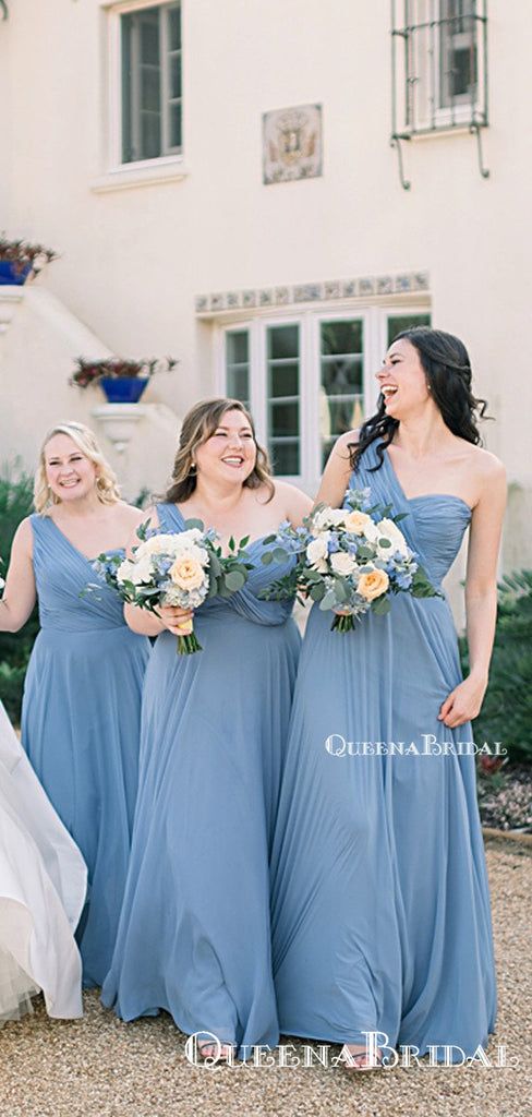 Simple Charming One Shoulder Blue Chiffon A-line Long Cheap Floor-Length Bridesmaid Dresses, BDS0034