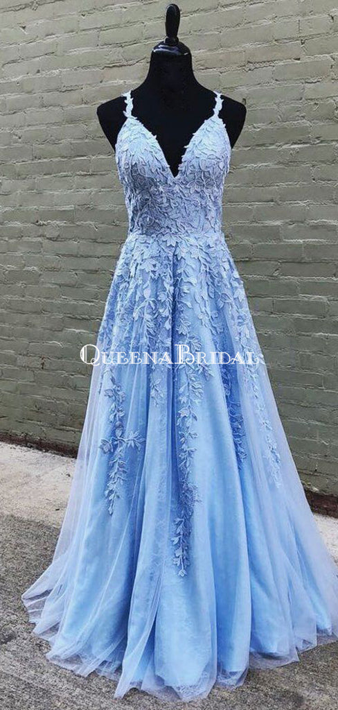 Cheap Blue Lace A-line Long Evening Prom Dresses, Evening Party Prom Dresses, PDS0083