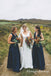 Elegant A Line V Neck Open Back Satin Navy Bridesmaid Dresses with Pockets, QB0746