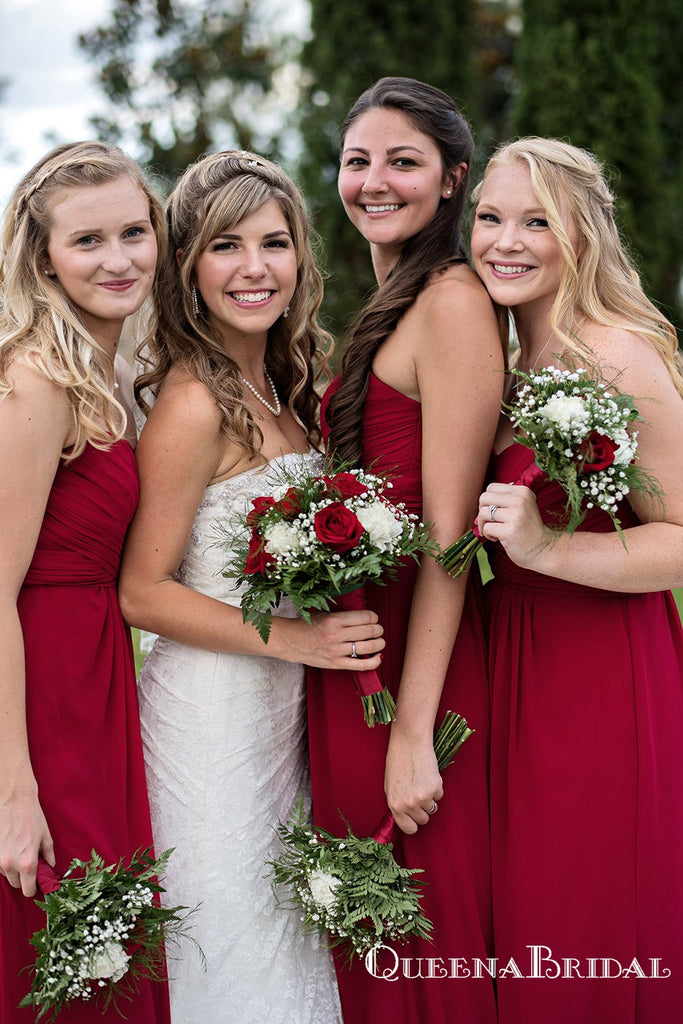 Sweetheart Red Chiffon A-line Long Cheap Bridesmaid Dresses Online, BDS0083