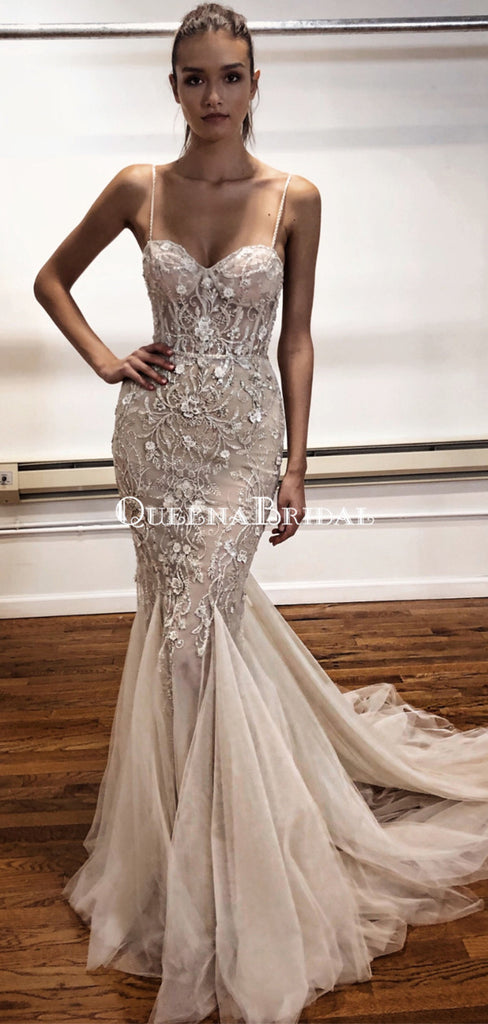 Elegant Spaghetti Strap Lace Appliqued Mermaid Long Cheap Prom Dresses, PDS0089