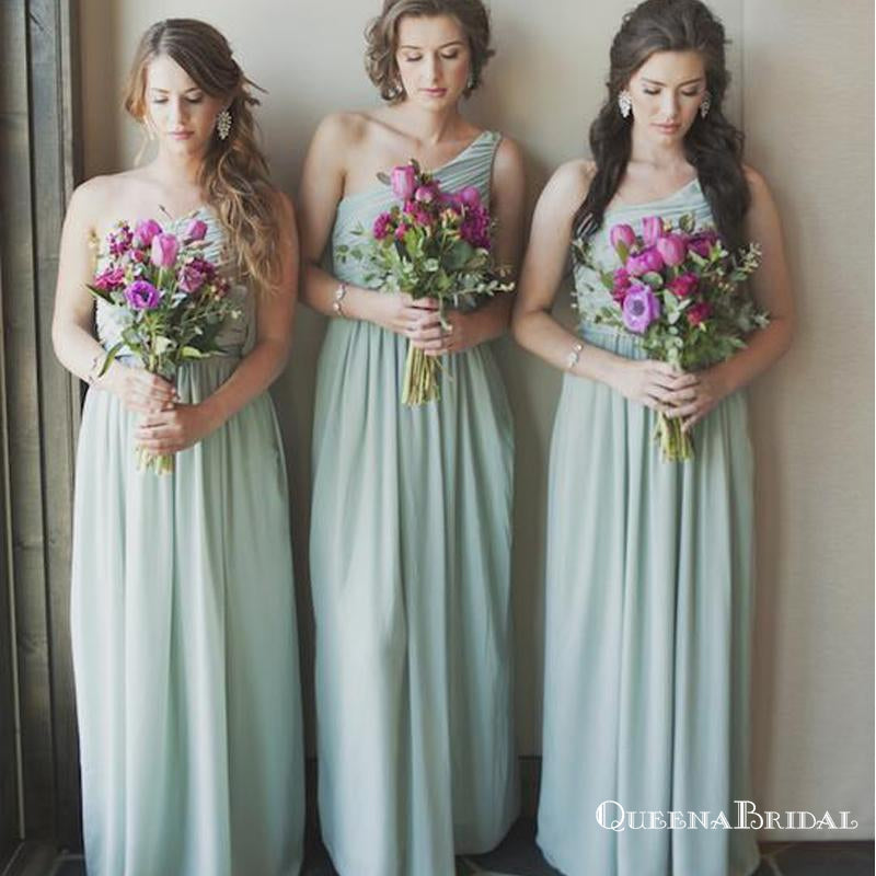 Simple One Shoulder Sleeveless Chiffon Long Bridesmaid Dresses, QB0725