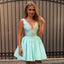 Sexy V-Neck Short Cheap Mint Satin Homecoming Dresses with Appliques, QB0197