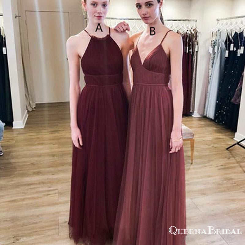 Mismatched Straps Burgundy Tulle Long Cheap Bridesmaid Dresses, QB0873