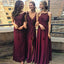 Popular V-Neck Long Cheap Burgundy Chiffon Bridesmaid Dresses Online, QB0154