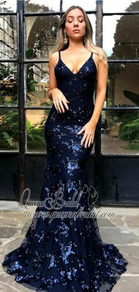 2019 Sparkly Backless Navy Sequin Mermaid Long Evening Prom Dresses, QB0450