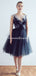 V-neck Navy Tulle A-line Short Cheap Party Homecoming Dresses, HDS0033