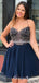 Sexy Halter-Strap Navy Blue Chiffon Beaded A-line Short Cheap Party Homecoming Dresses, HDS0019