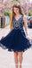 Charming V-neck Navy Blue Chiffon Beaded Short Party Homecoming Dresses, HDS0010