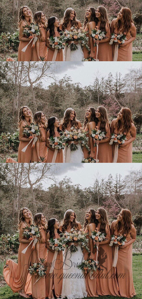 2020 Crew Long Dusty Orange Chiffon Bridesmaid Dresses with Split, QB0483