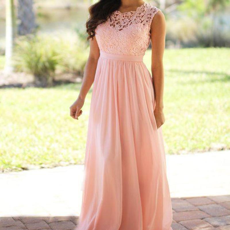 Elegant Lace Floor-Length Applique Blush Pink Long Formal Cheap Chiffon Bridesmaid Dresses, WG35