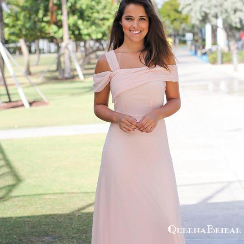 Pink Off Shoulder Sleeveless A Line Ruffles Chiffon Bridesmaid Dresses, QB0850