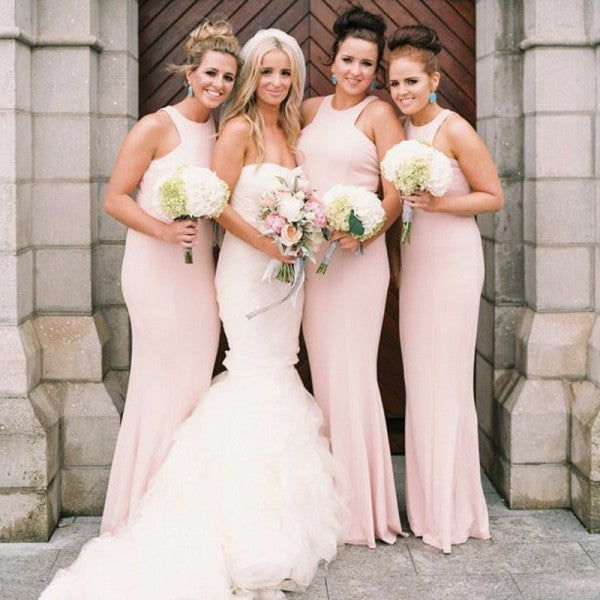 Mermaid Round Neck Long Cheap Pink Satin Bridesmaid Dresses Online, QB0118