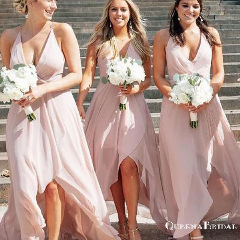 Boho Deep V Neck High Low Pink Chiffon Cheap Bridesmaid Dresses, QB0872