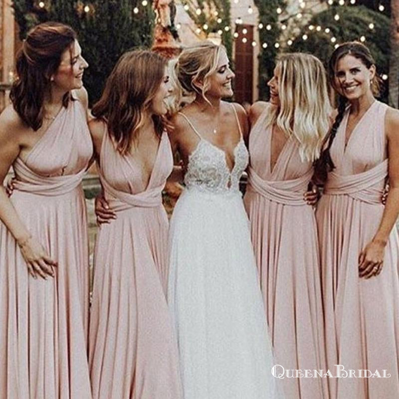 A-Line One-Shoulder Convertible Style Pink Jersey Long Bridesmaid Dresses, QB0626