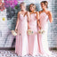 Mismatched Spaghetti Straps Long Pink Chiffon Cheap Bridesmaid Dresses Online, QB0010