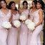 Mermaid V-Neck Long Pink Satin Bridesmaid Dresses with Appliques, QB0704