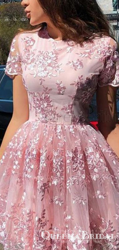 Elegant Short Sleeve Pink Lace Mini Party Gowns Homecoming Dresses, QB0839