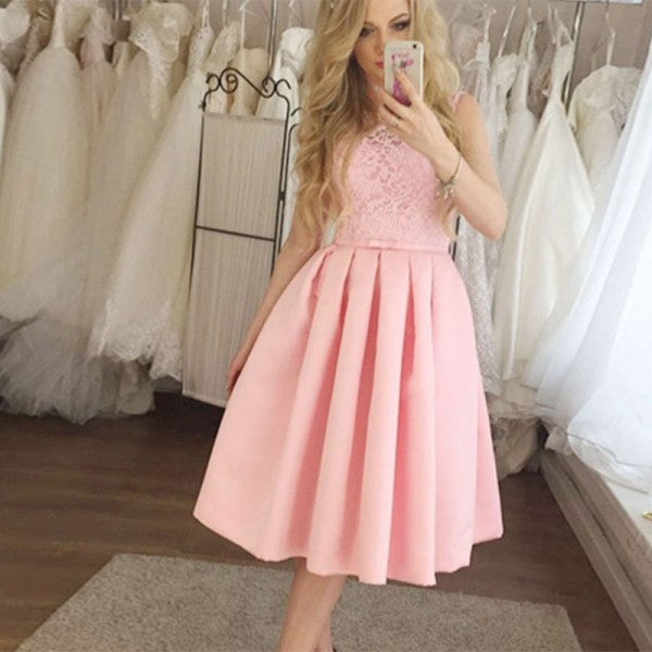 Pretty Round Neck Short Cheap Pink Homecoming Dresses with Lace, QB0219