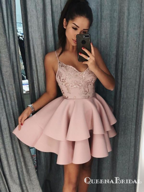 Elegant Spaghetti-Straps Sequins Pink Short Cheap Homecoming Dresses, QB0832