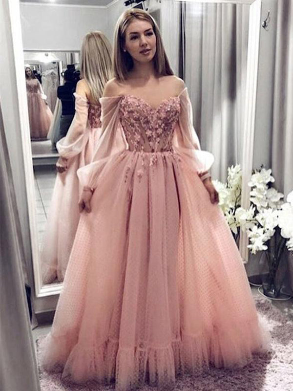 Pink Off The Shoulder Long Sleeve Long Cheap Tulle Prom Dresses With Applique, QB0611