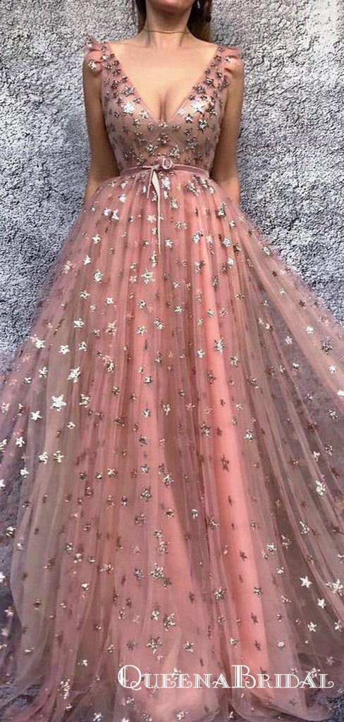 2019 Charming Chic A-line V-neck Pink Tulle Long Prom Dresses, QB0599