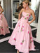 A-Line Sweetheart Pink Long Cheap Prom Dresses with Embroidery&Pockets, QB0502