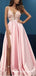 Charming Pink V-neck Sleeveless Split Prom Dresses with Appliques, QB0552