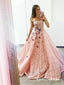 Strapless Pink Lace Long Ball Gown with Floral Embroidery Prom Dresses, QB0602