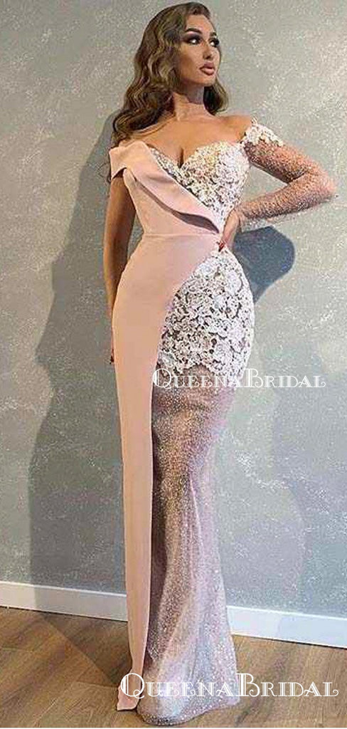 Unique Design Simple One Shoulder Long Sleeves Pink Long Cheap Mermaid Prom Dresses, QB0956