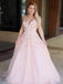 Pink Spaghetti Strap V-neck Tulle Long Prom Dresses With Beaded & Applique, QB0465