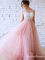 Unique A-Line Jewel Pink Tulle White Lace Long Cheap Wedding Dresses, QB0816