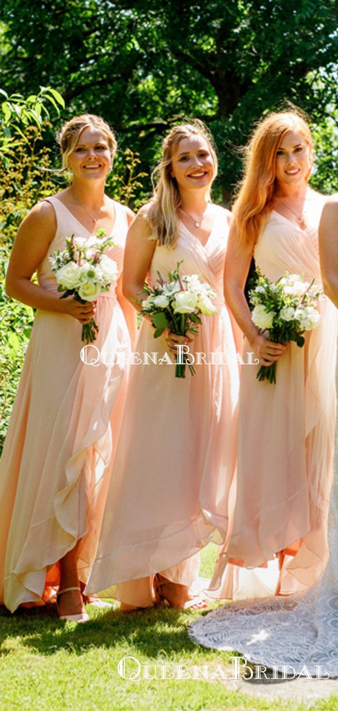 Pink V-neck Chiffon A-line Long Cheap Bridesmaid Dresses, BDS0088