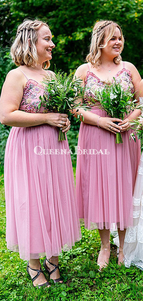 Spaghetti Strap Pink Tulle A-line Tea-Length Cheap Bridesmaid Dresses, BDS0130