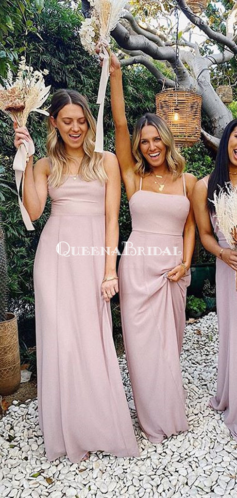 Newest Spaghetti Strap Pink Chiffon Long Cheap Bridesmaid Dresses, BDS0119