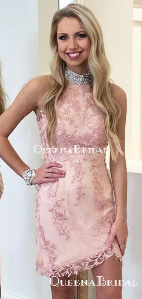 Elegant Halter Pink Lace Mermaid Short Cheap Party Homecoming Dresses, HDS0011