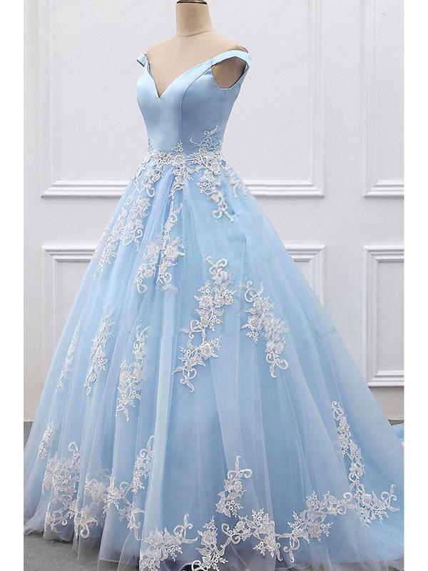 Princess Prom Dresses A-line V-neck Sky Blue Off the Shoulder Quinceanera Dresses, QB0299