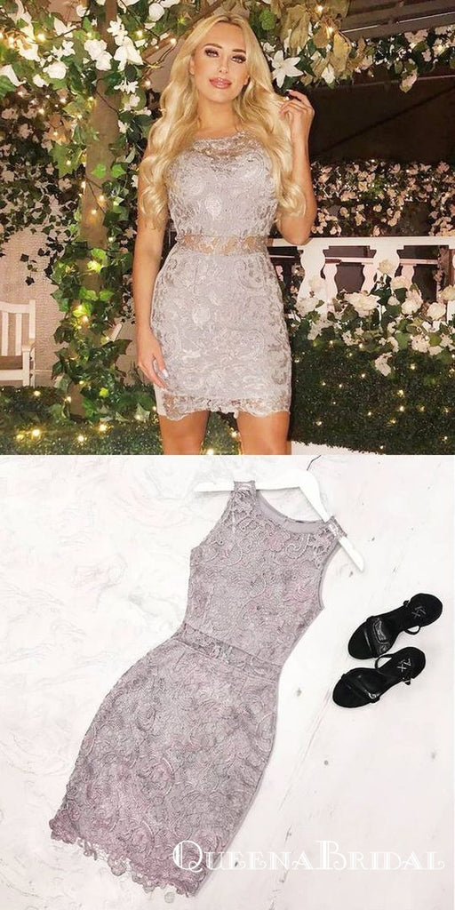 Elegant Sheath Jewel Sleeveless Grey Lace Short Homecoming Dresses, QB0888