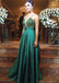 Charming Spaghetti Straps V-neck Green Beaded Formal Long Prom Dresses, QB0478