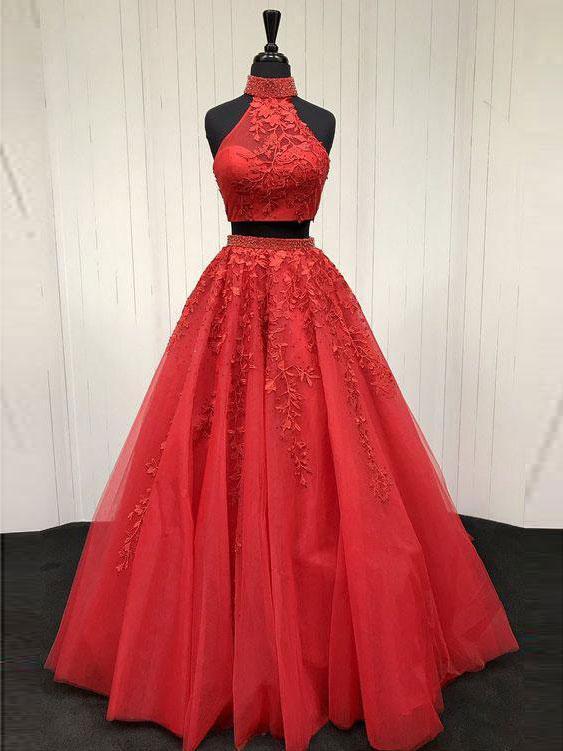 Lace Appliqued Two Piece  Long Cheap Halter Ball Gowns Prom Dresses, QB0258