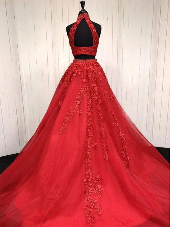 Lace Appliqued Two Piece  Long Cheap Halter Ball Gowns Prom Dresses, QB0258