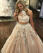 Lace Appliqued Two Piece  Long Cheap Halter Ball Gowns Prom Dresses, QB0258