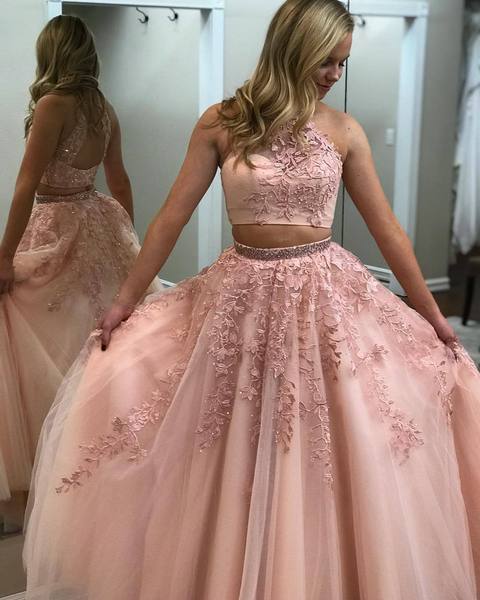 Lace Appliqued Two Piece  Long Cheap Halter Ball Gowns Prom Dresses, QB0258